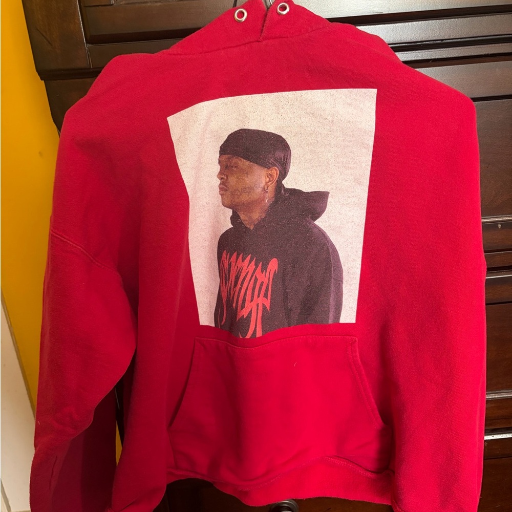 Red Graphic Hoodie with Portrait Print